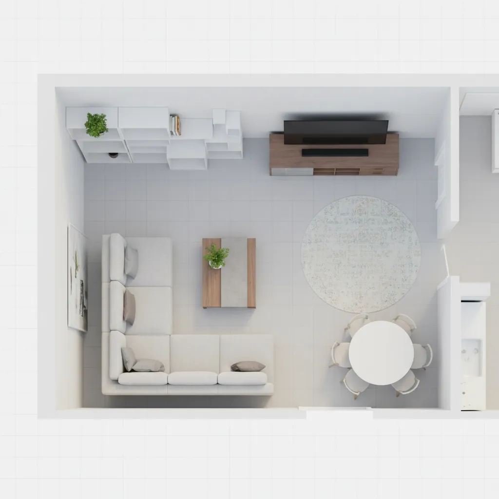 Top-down room layout with a white sofa round dining table rug and wood television stand