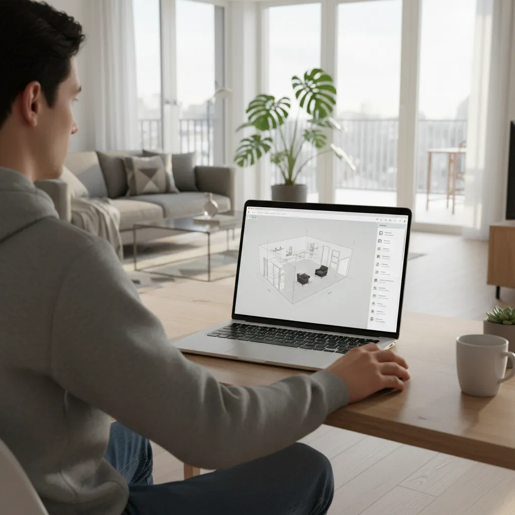 Persona organizando muebles virtuales en un planificador de habitaciones