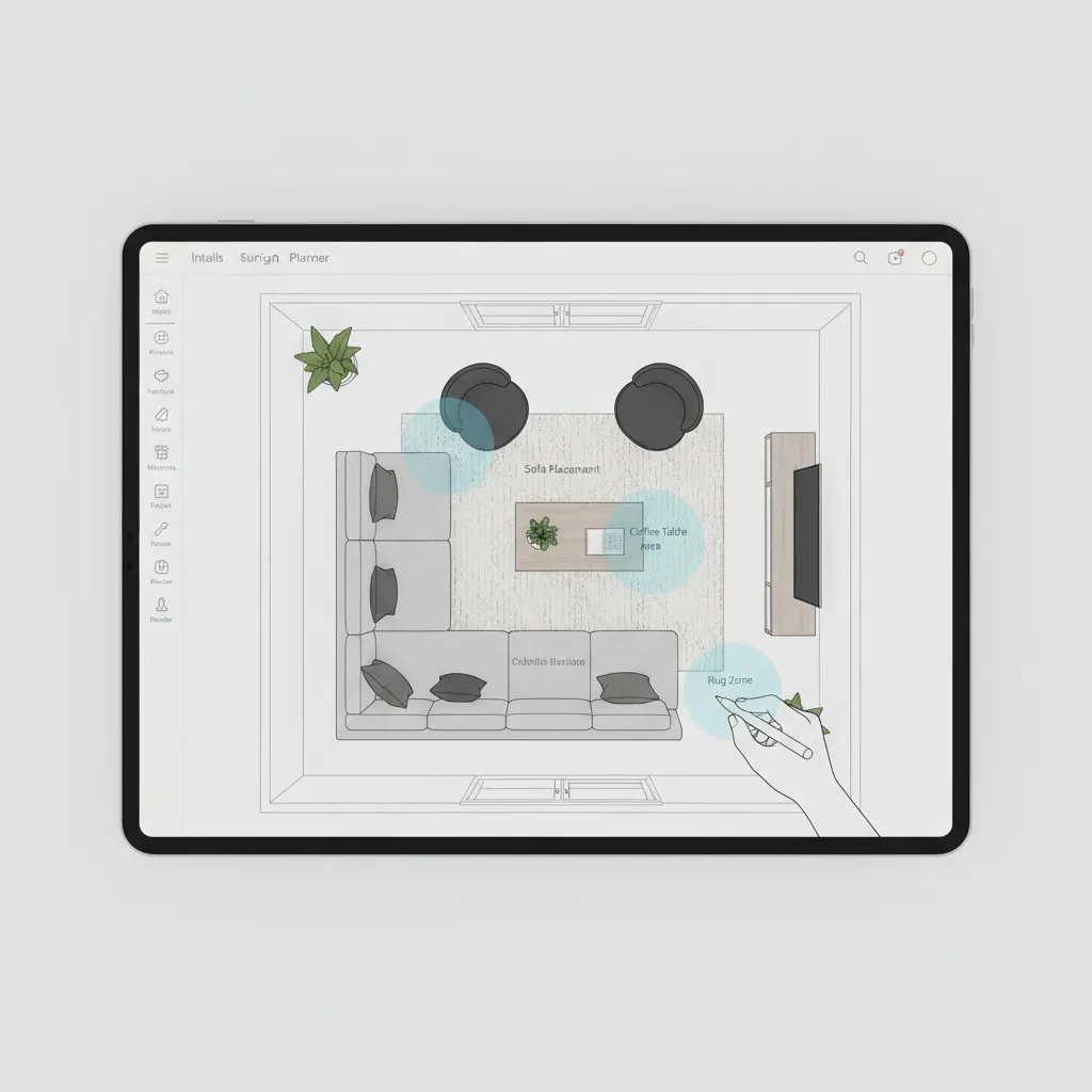 Plano digital de salón con muebles colocados en un planificador de habitaciones