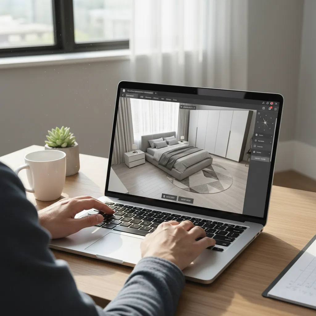 Persona utilizando un planificador digital para diseñar una habitación