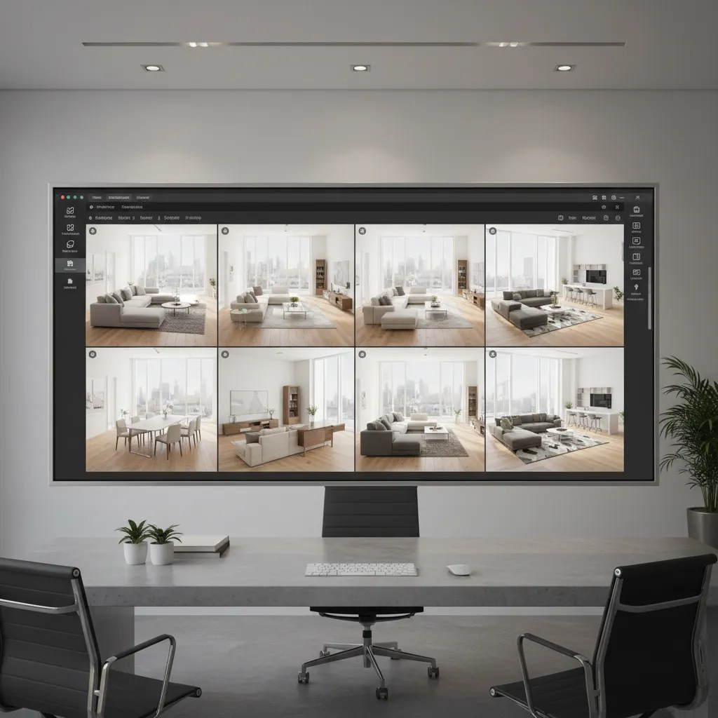 Interfaz de planificador de habitaciones mostrando diferentes configuraciones de muebles