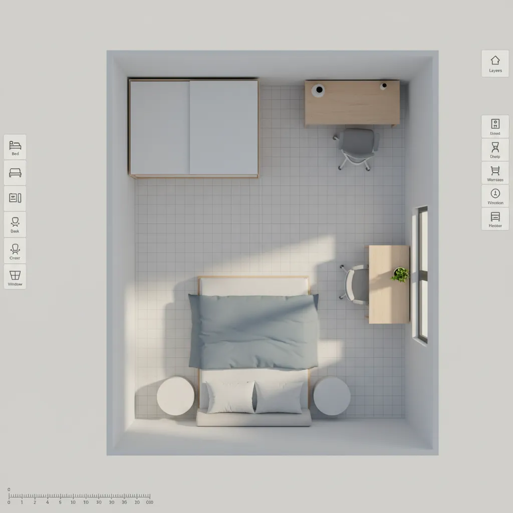 Diseño digital de un dormitorio con muebles organizados en un plano virtual