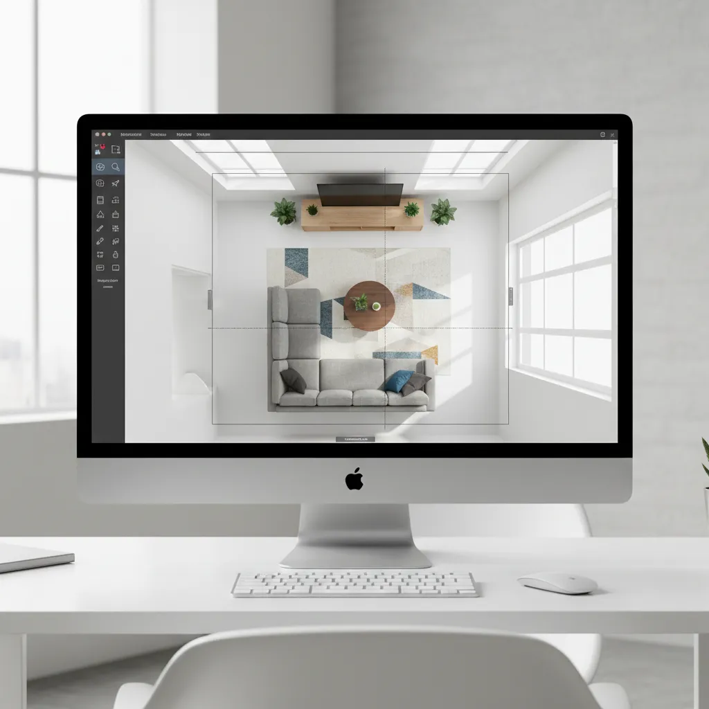Desktop computer screen displaying a top down room layout design with a sofa and rug