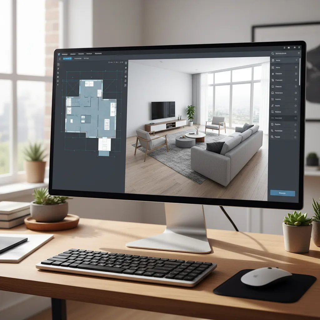 interfaz de software de diseño interior mostrando plano 2D y vista 3D de un salón