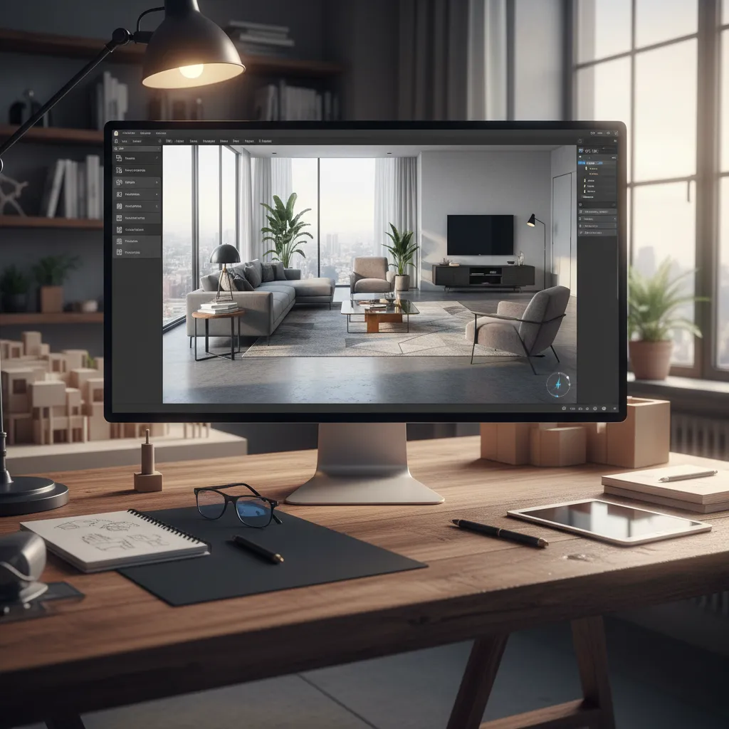 interfaz de software mostrando diseño de salón en 3D con muebles