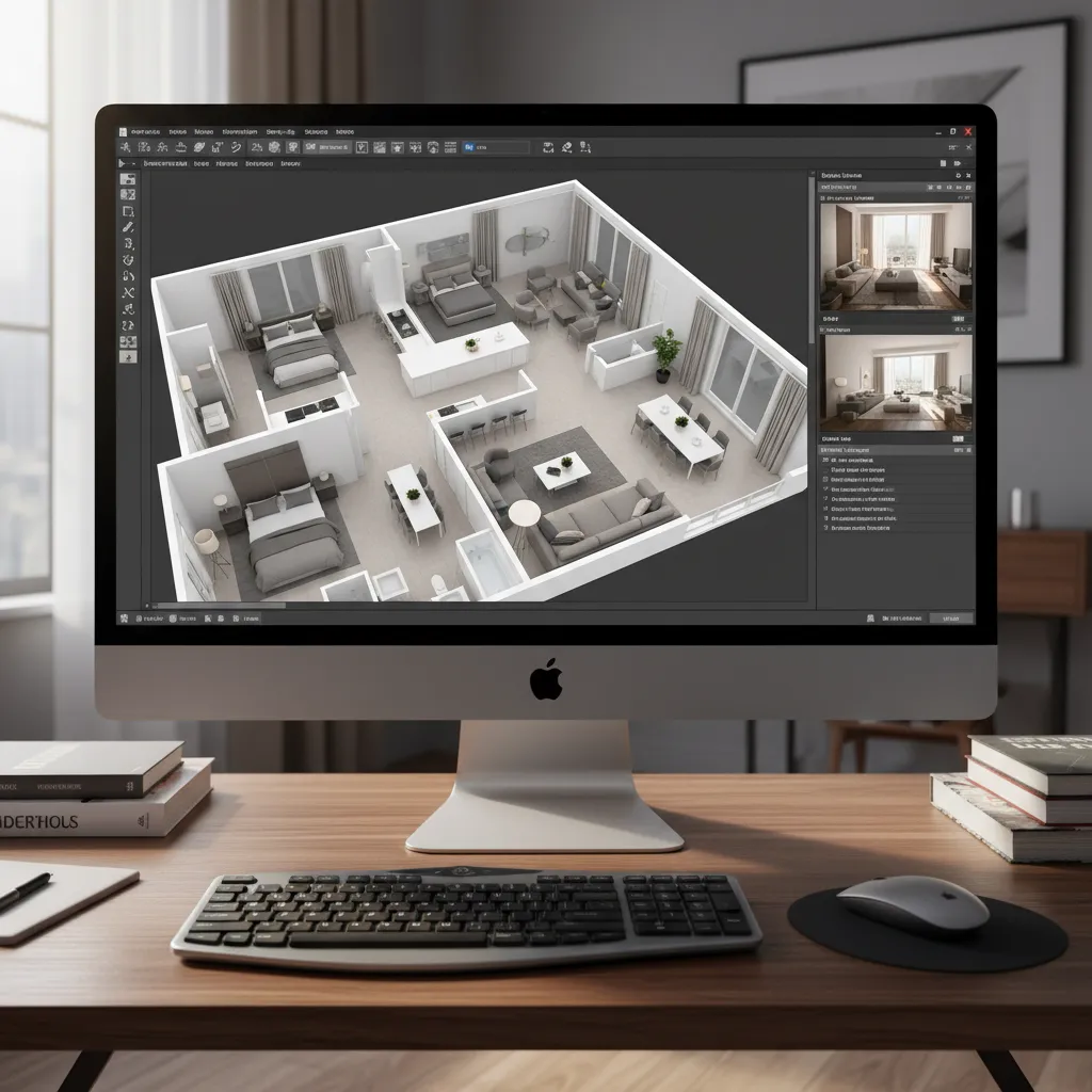 Pantalla de ordenador mostrando planificación digital de un apartamento completo
