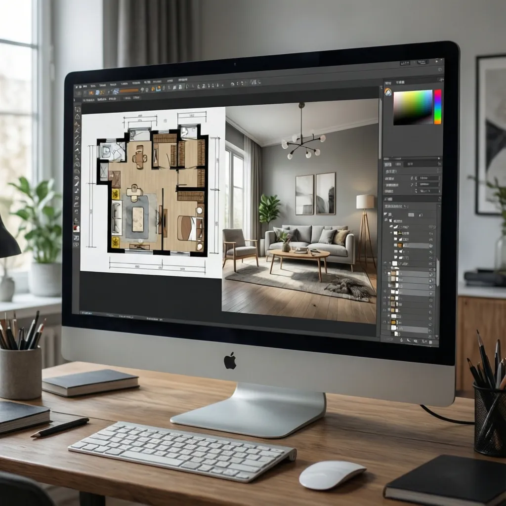 interfaz de una herramienta de diseño de interiores mostrando un plano y vista 3D