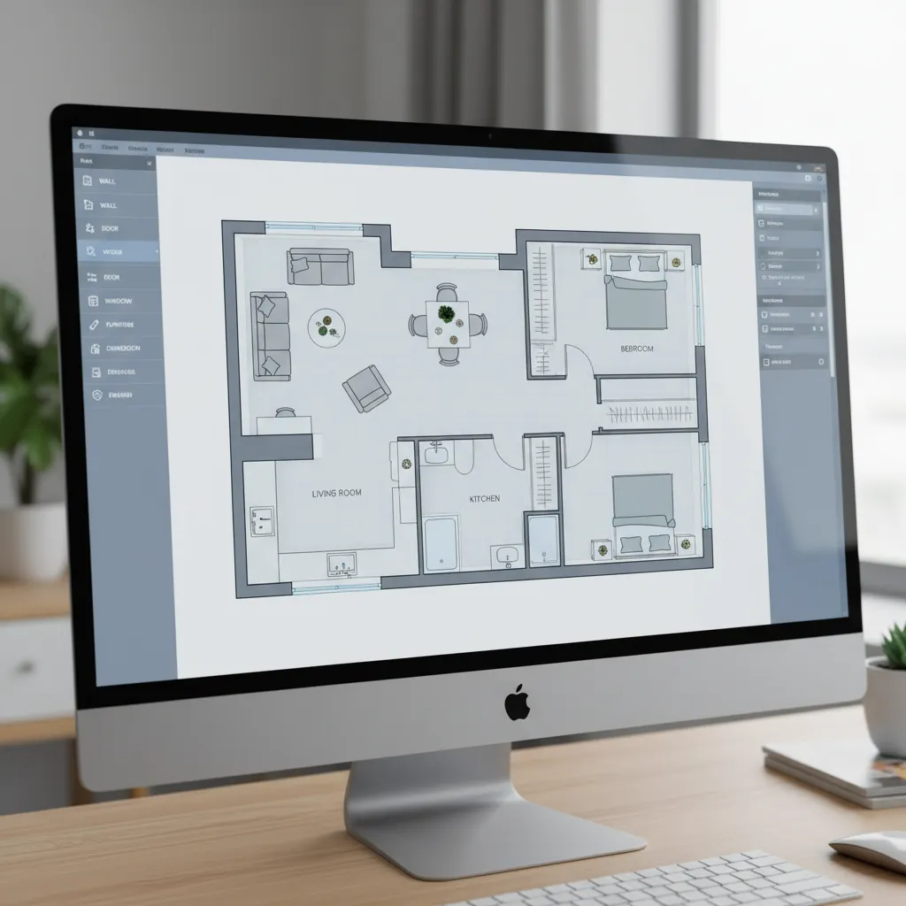 Plano digital de una vivienda con distribución de muebles en 2D