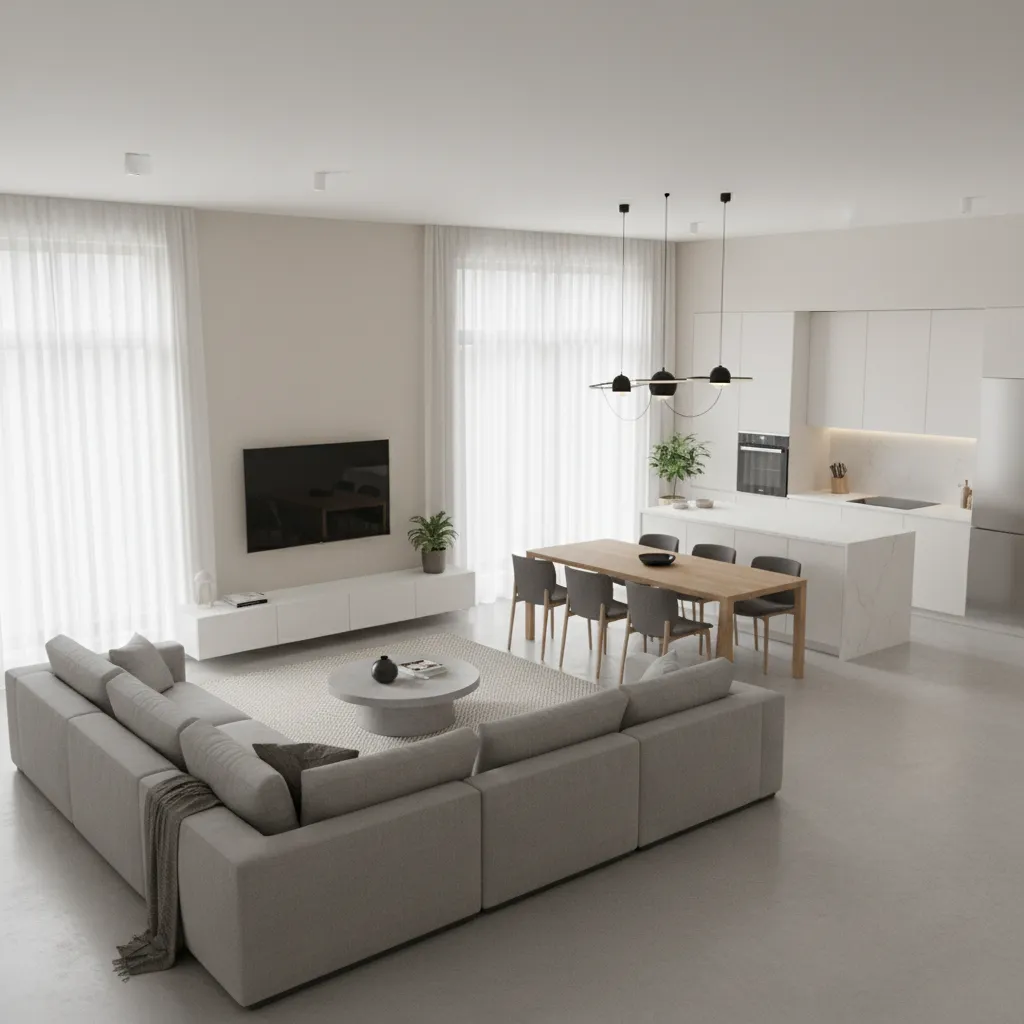 Visualización 3D de un apartamento pequeño con muebles y distribución clara