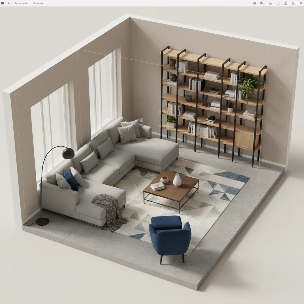Vista de un plano de habitación con muebles colocados digitalmente