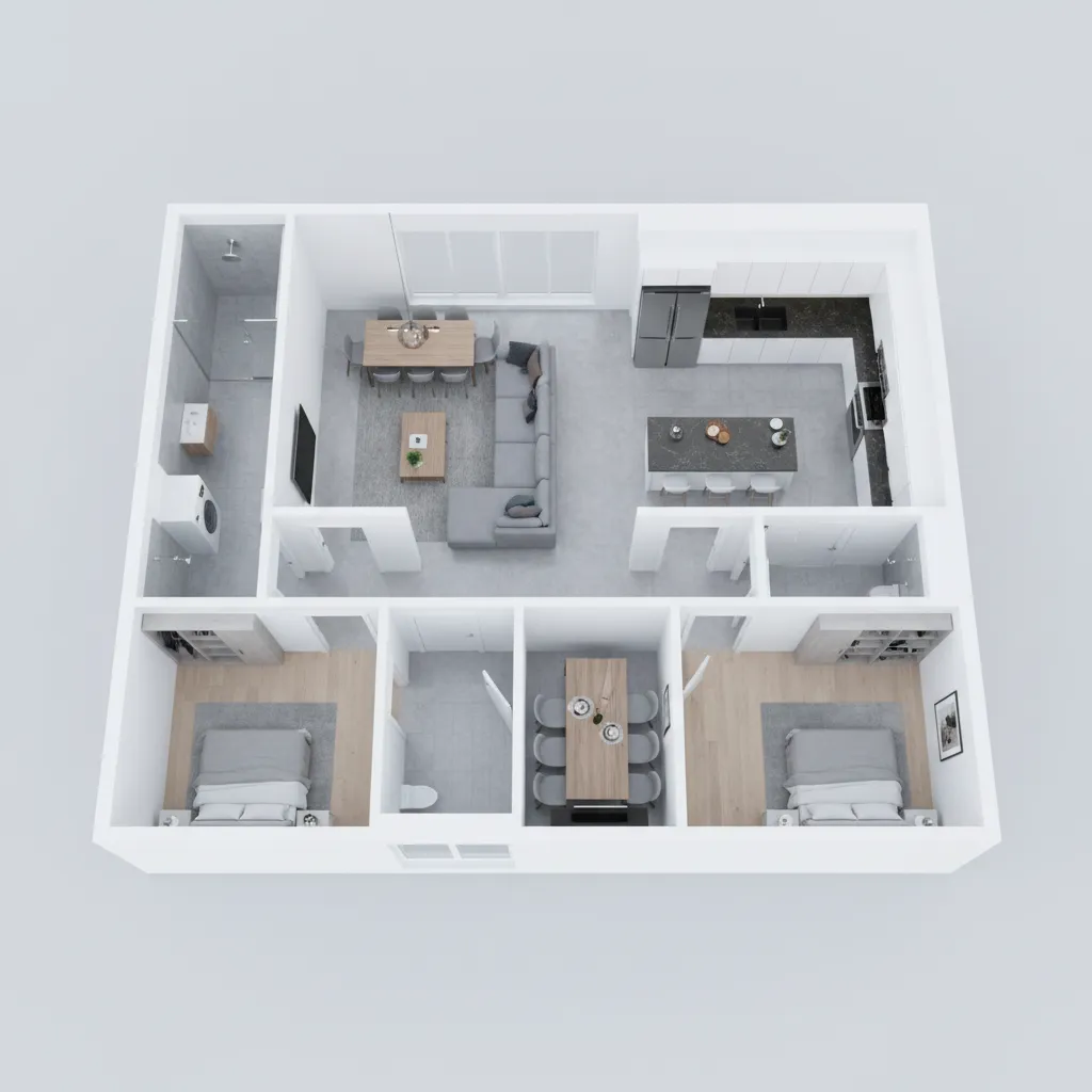 Visualización 3D de un plano de vivienda con distribución de muebles