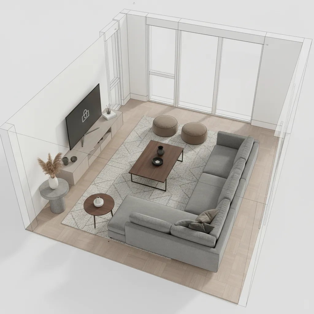 Plano digital de salón con muebles colocados en software de diseño interior