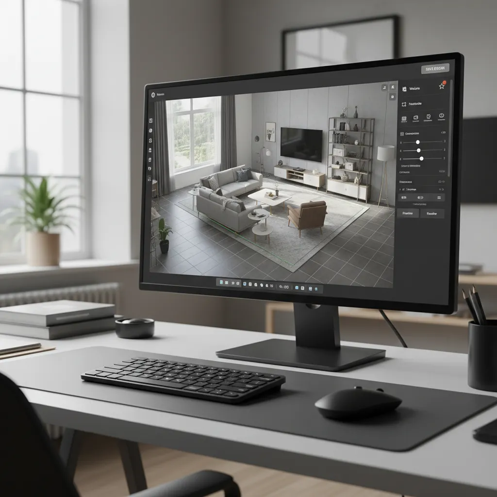 Pantalla mostrando un plano de habitación con muebles en un programa de diseño 3D