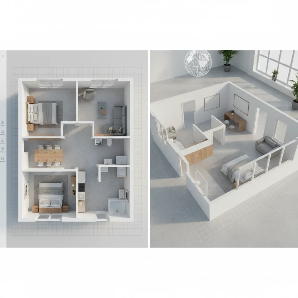 Vista 3D de un planificador de interiores con muebles colocados en una habitación