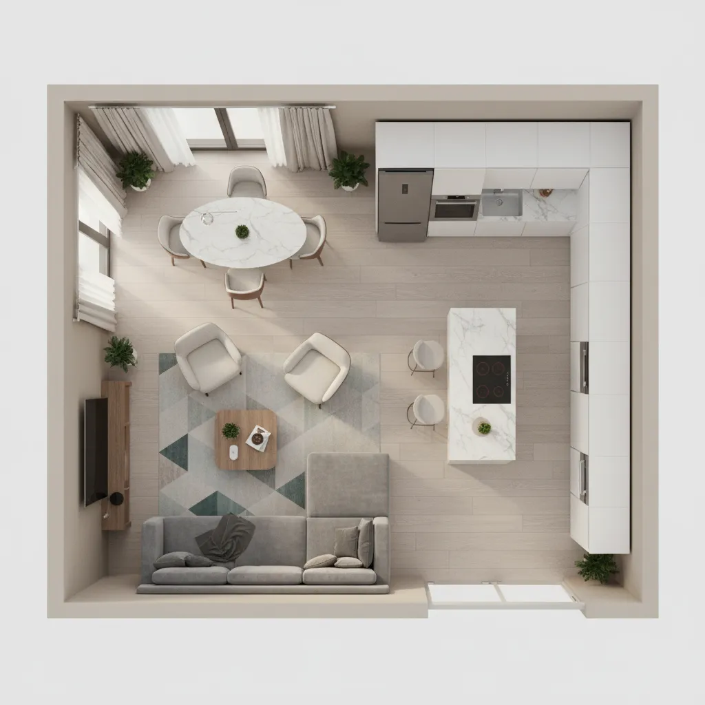 Plano 3D de un apartamento con distribución de muebles