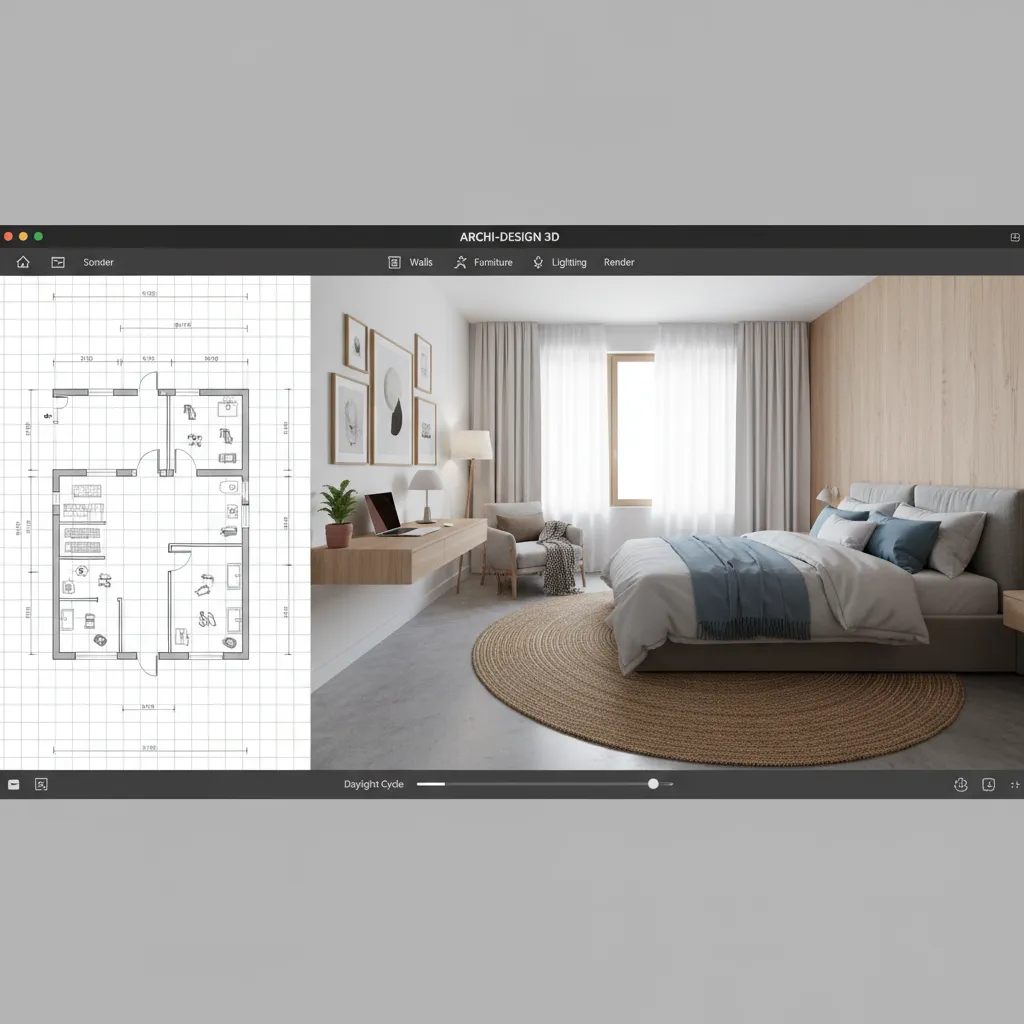 Habitación diseñada en software de interiores en 3D con muebles y distribución