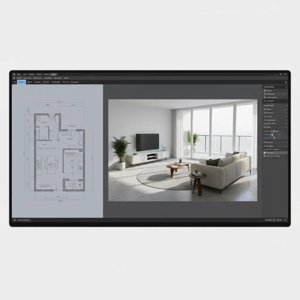 Interfaz de software de diseño interior con plano y vista 3D de un salón