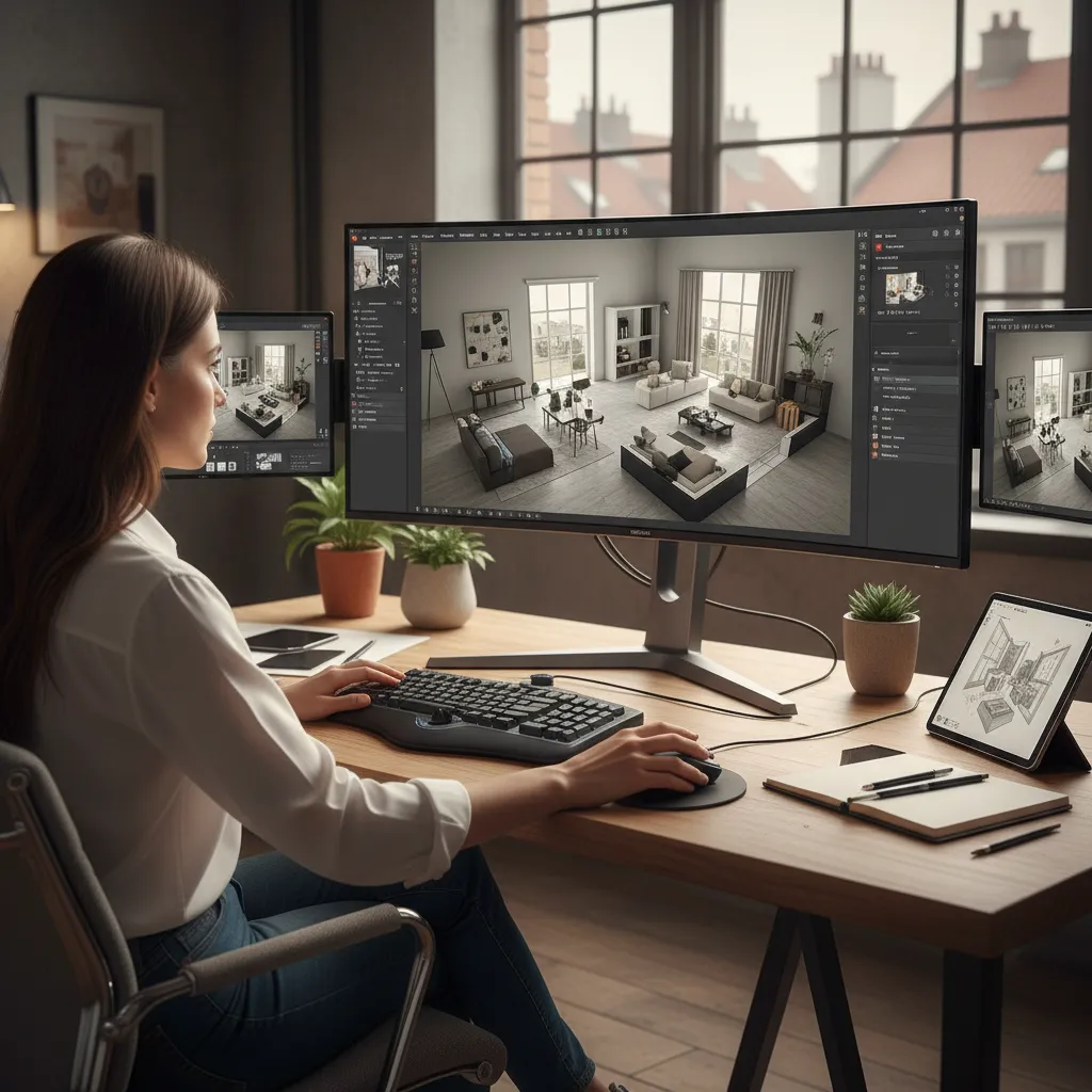 Diseñador utilizando planificador 3D moderno para crear distribución de vivienda