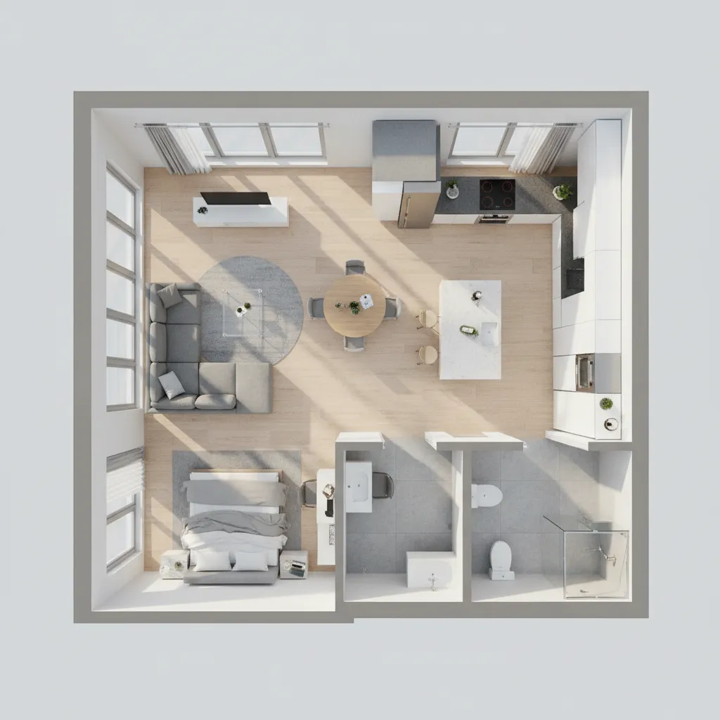 Plano digital de una vivienda con varias habitaciones en visualización 3D