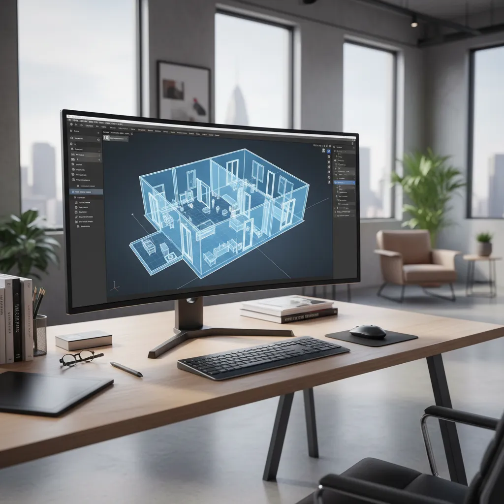 Software de diseño mostrando un plano de casa en vista 3D