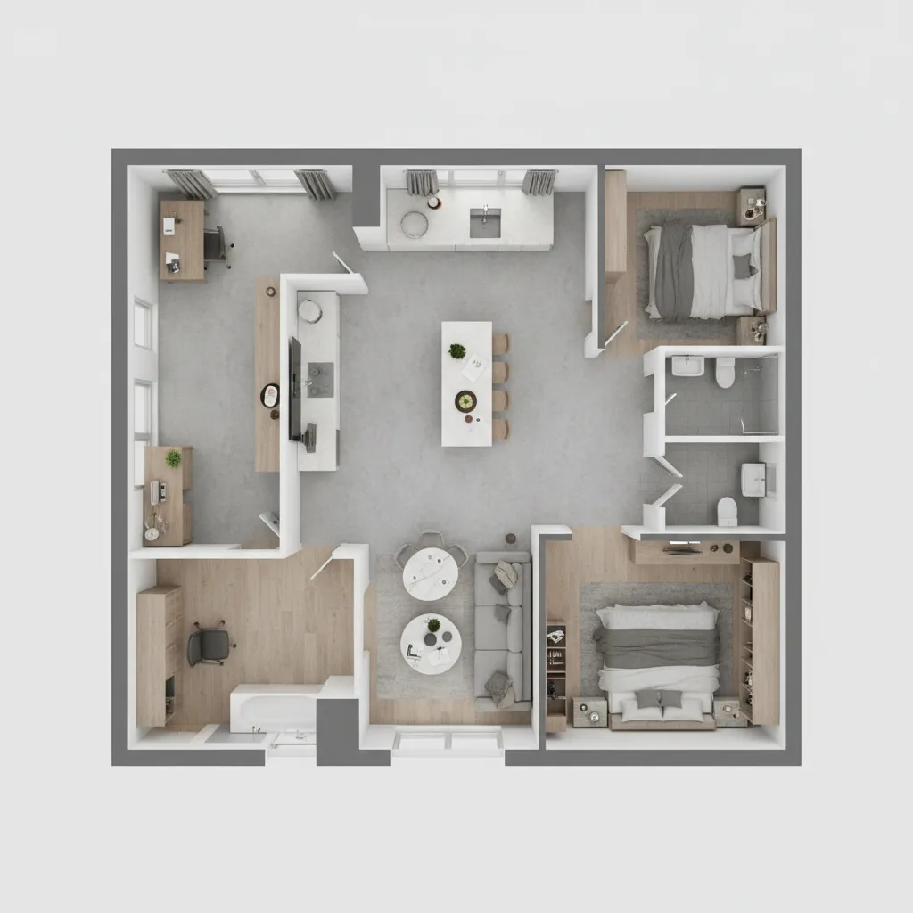 Plano 3D de una vivienda con distribución de habitaciones