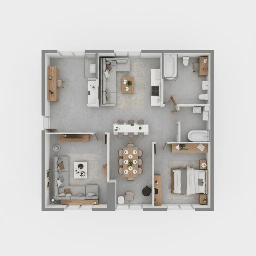 Plano de vivienda en 3D con distribución de habitaciones