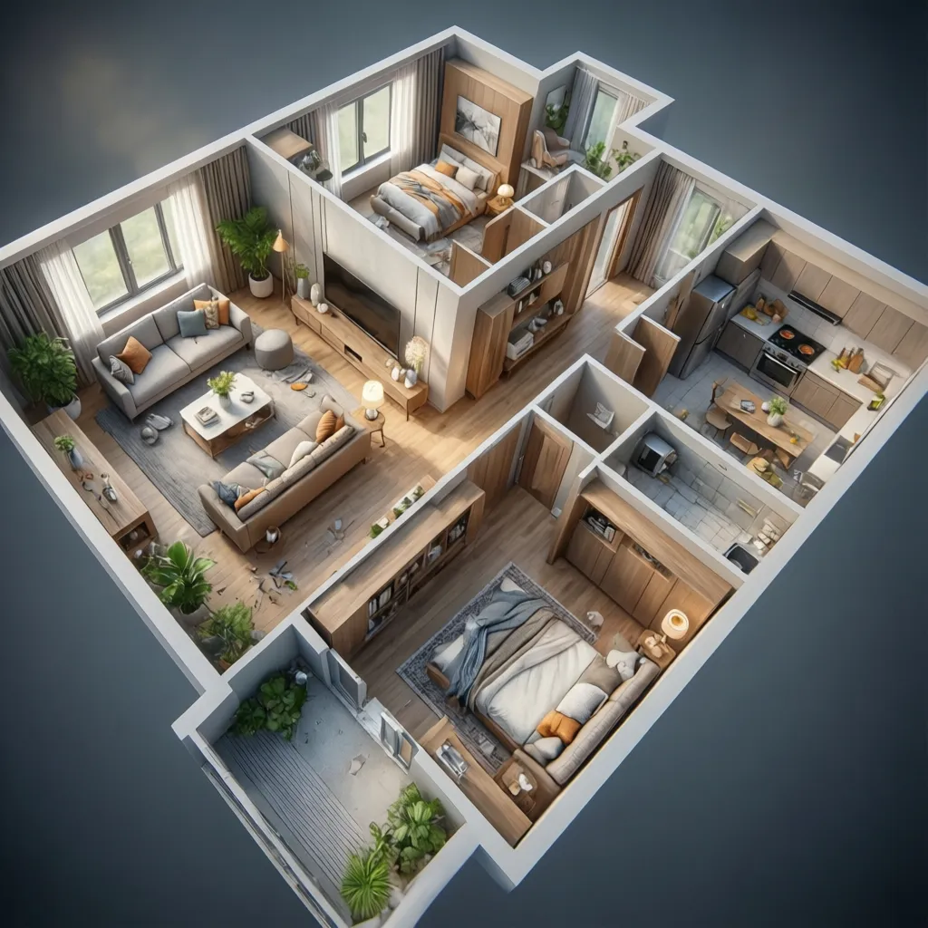 Vista 3D de un plano de casa mostrando habitaciones y muebles