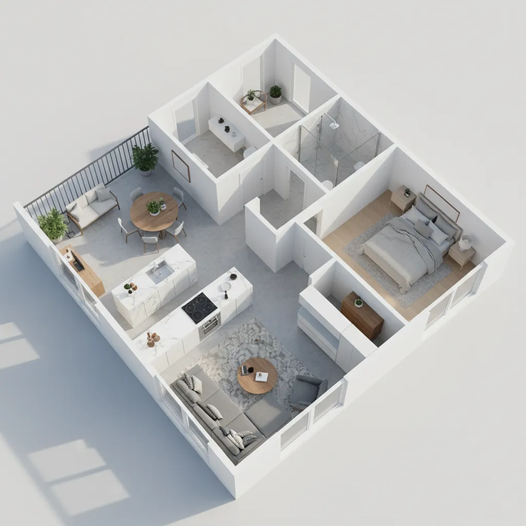 Interior design drawing showing 3D apartment layout with bedroom kitchen living room and large balcony