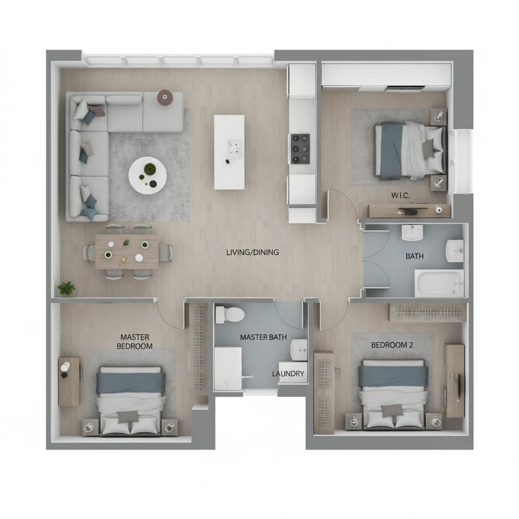 Plano digital de una vivienda con muebles colocados