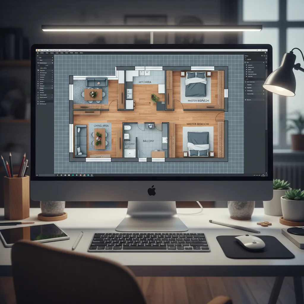 Computer screen displaying a colorful 2D apartment floor plan with living room and two bedrooms