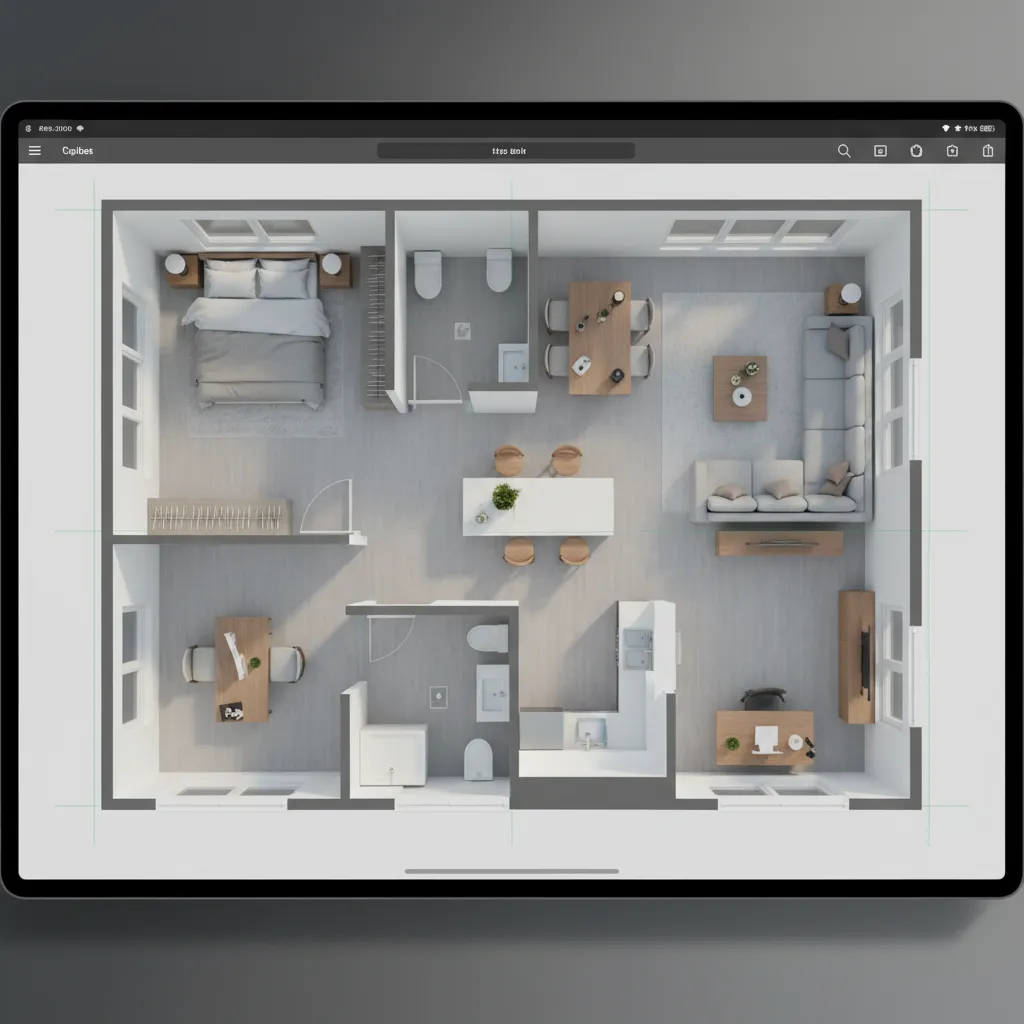 Plano digital de apartamento con distribución de muebles