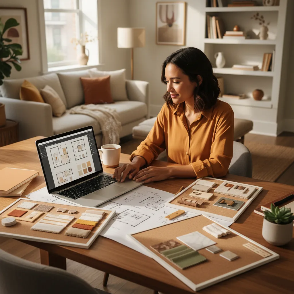 Persona planificando el diseño interior de su casa usando un portátil