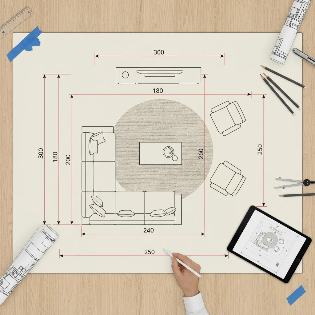 Top view of a living room layout drawing with measurements pencils and a digital tablet