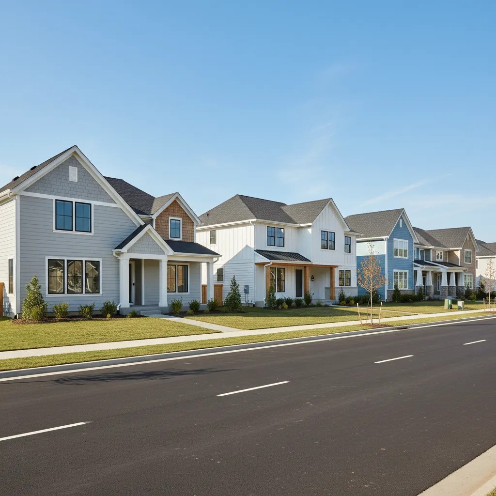 street view of new suburban homes showing different exterior color packages