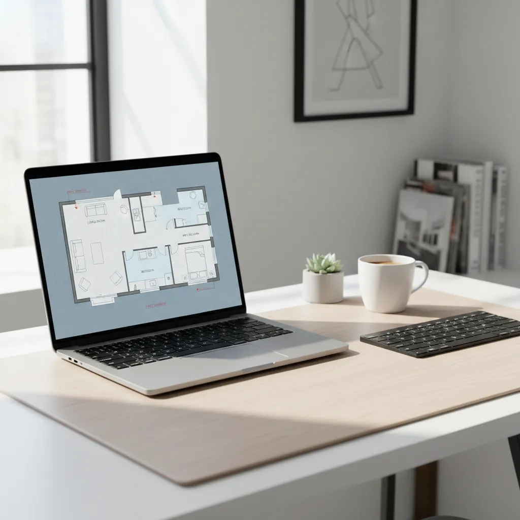 Laptop showing a digital floor plan layout with rooms, walls and furniture blocks