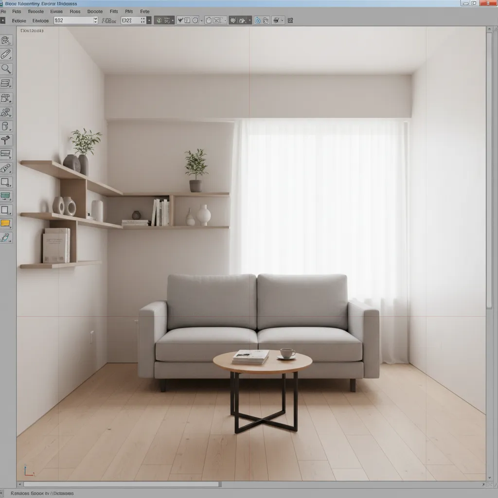 3D design software interface planning a small living room with compact furniture