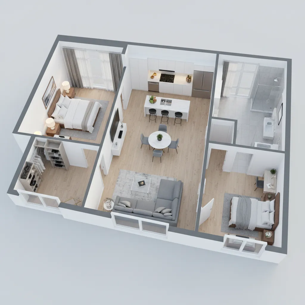 Modern 3D interior design drawing of a two bedroom apartment with grey sofa and kitchen