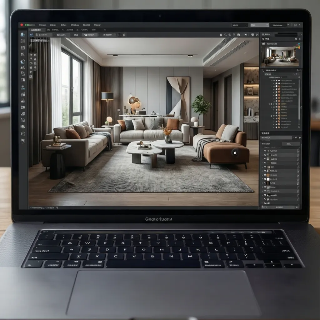 Interfaz de planificador 3D con distribución de salón y muebles