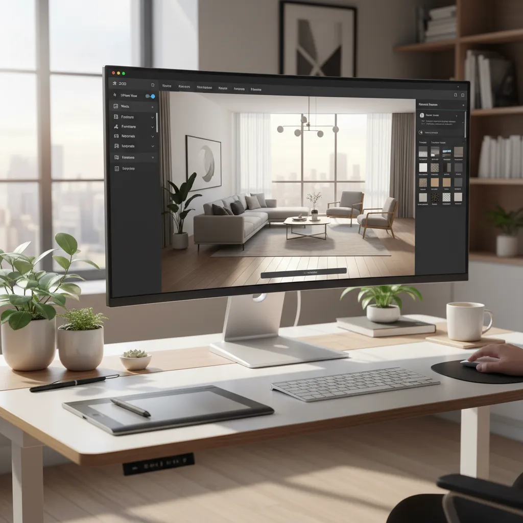 Computer monitor showing interior design software with a modern living room layout and various home furniture