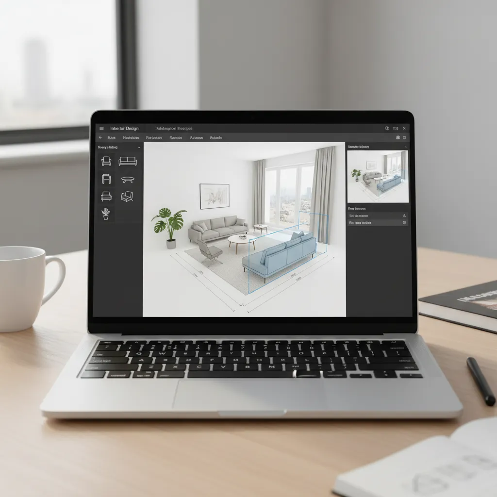 Interfaz de software de diseño interior con herramientas de arrastrar muebles