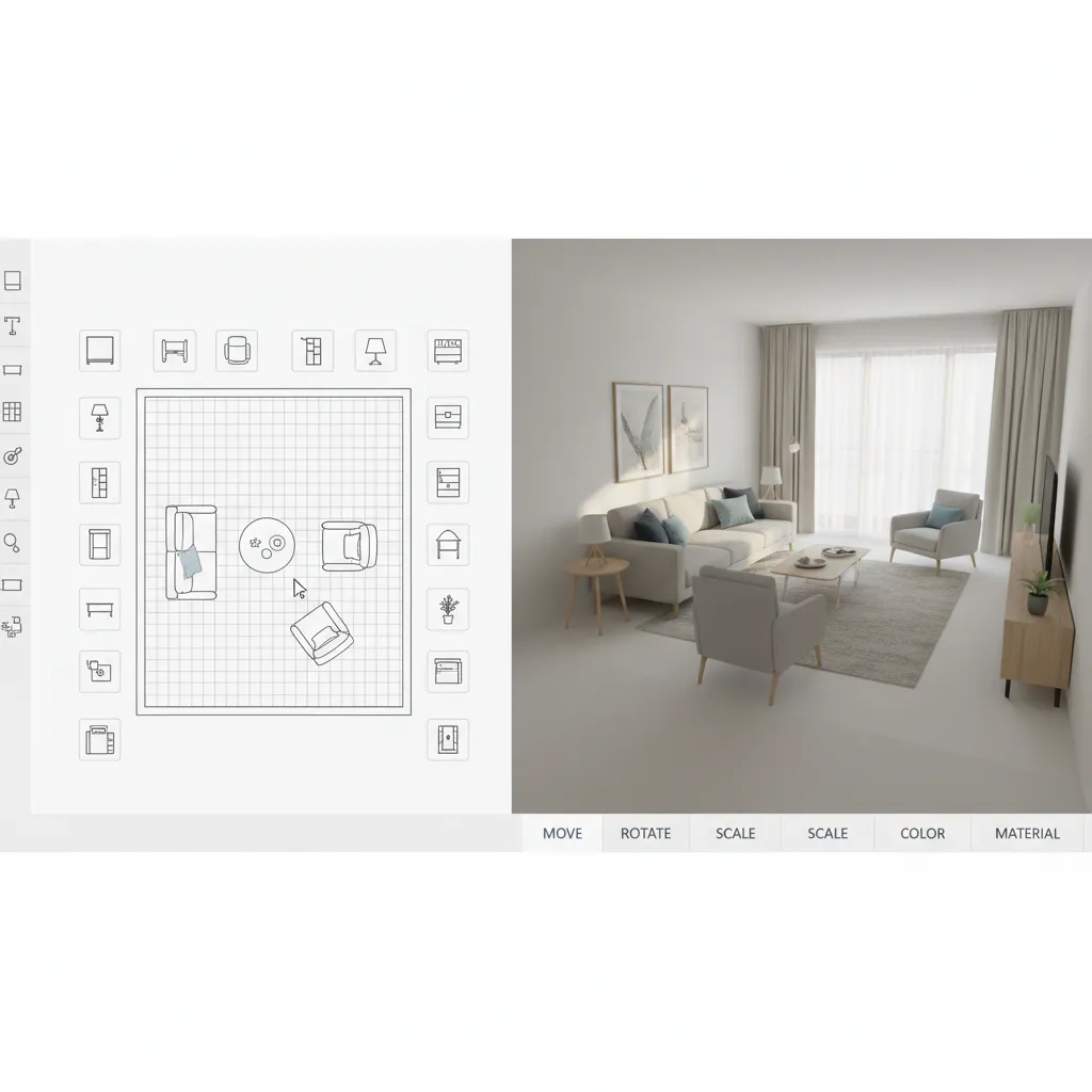 Interfaz de planificador de habitación en 3D con muebles y paredes editables