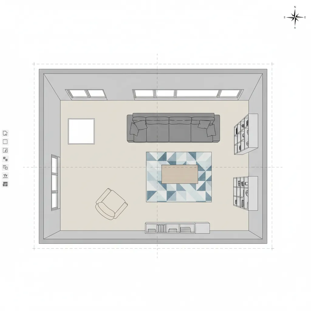 Plano digital 2D de una sala con muebles colocados