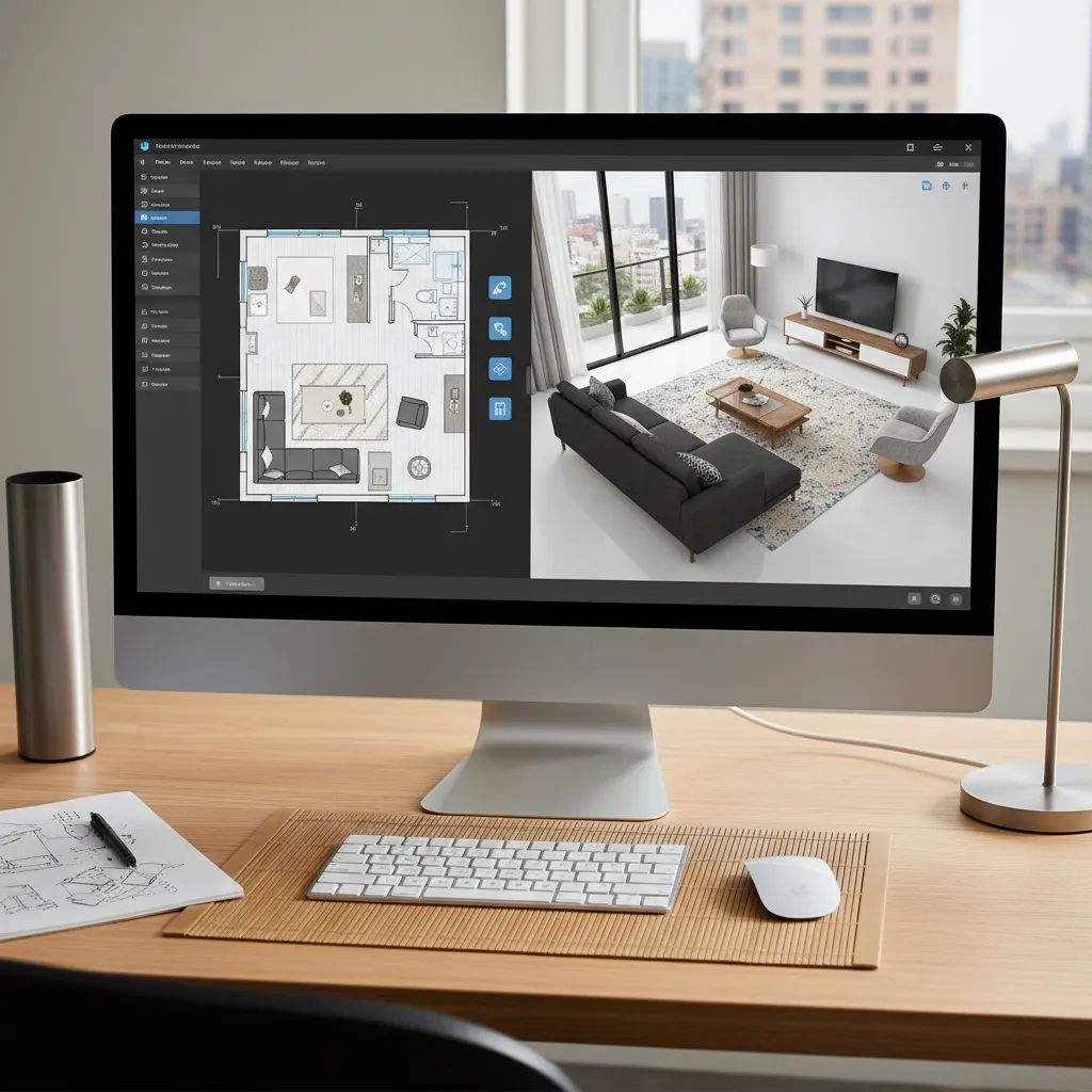 interfaz de planificador de interiores mostrando plano y vista 3D