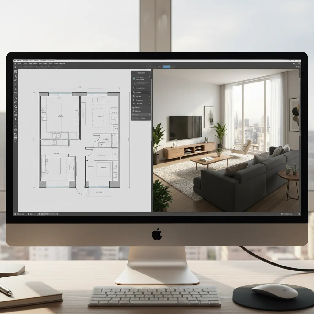Coohom design software on monitor showing split view of floor plan and interior design drawing
