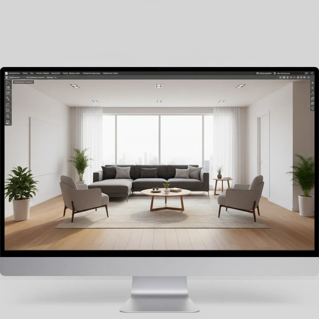 Pantalla mostrando un plano 3D de sala con muebles organizados