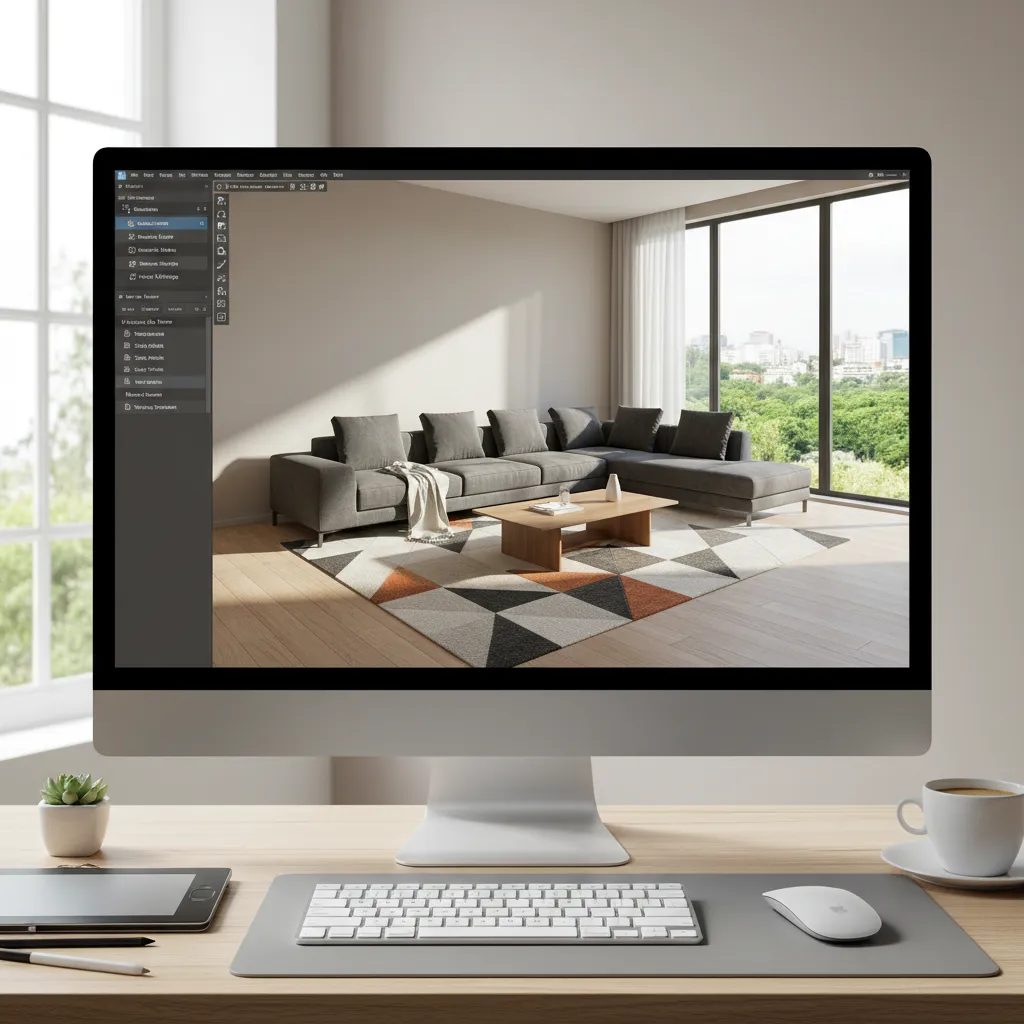 3D interior design software interface showing a modern living room layout