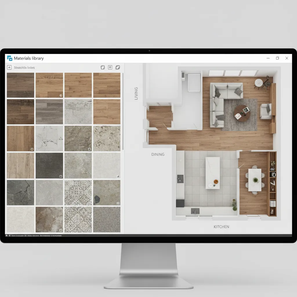 Planner 5D flooring material library with wood and tile options