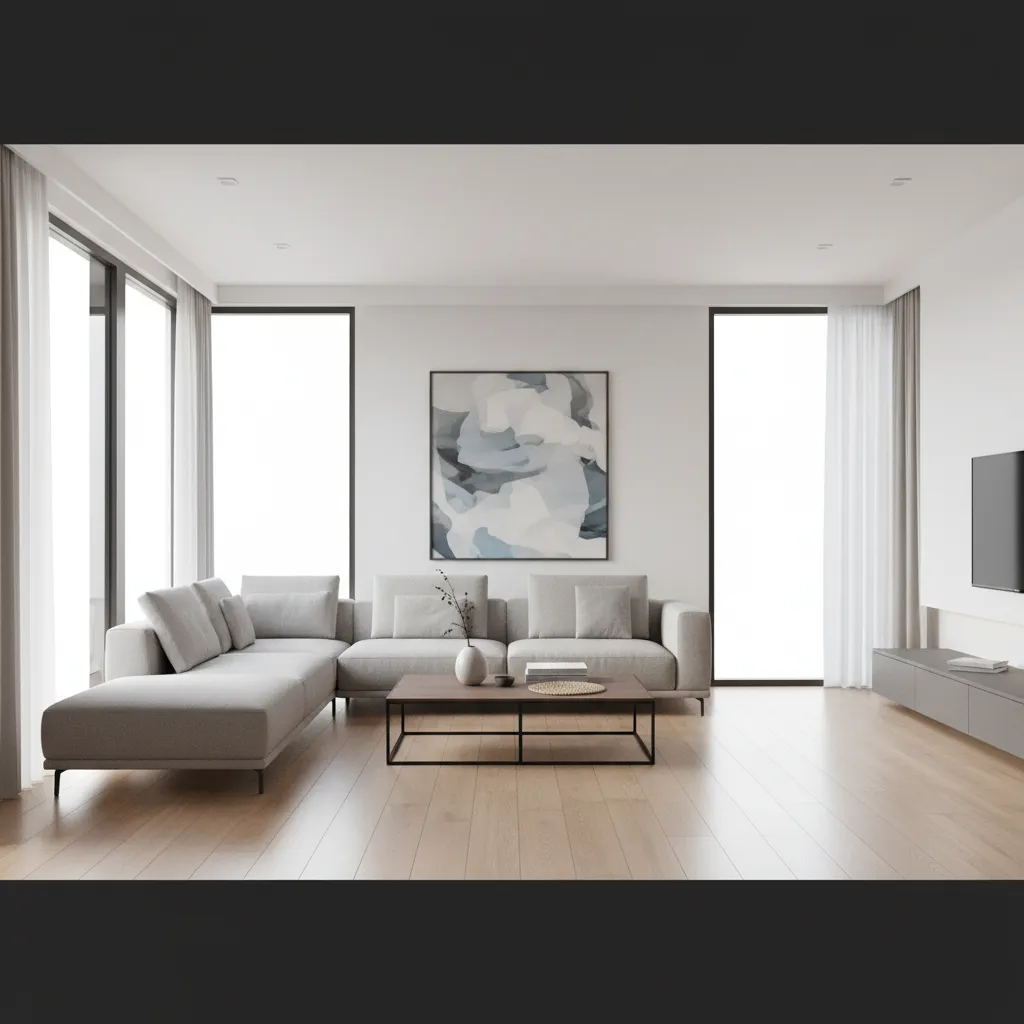 3D preview of living room with new wood flooring applied in Planner 5D