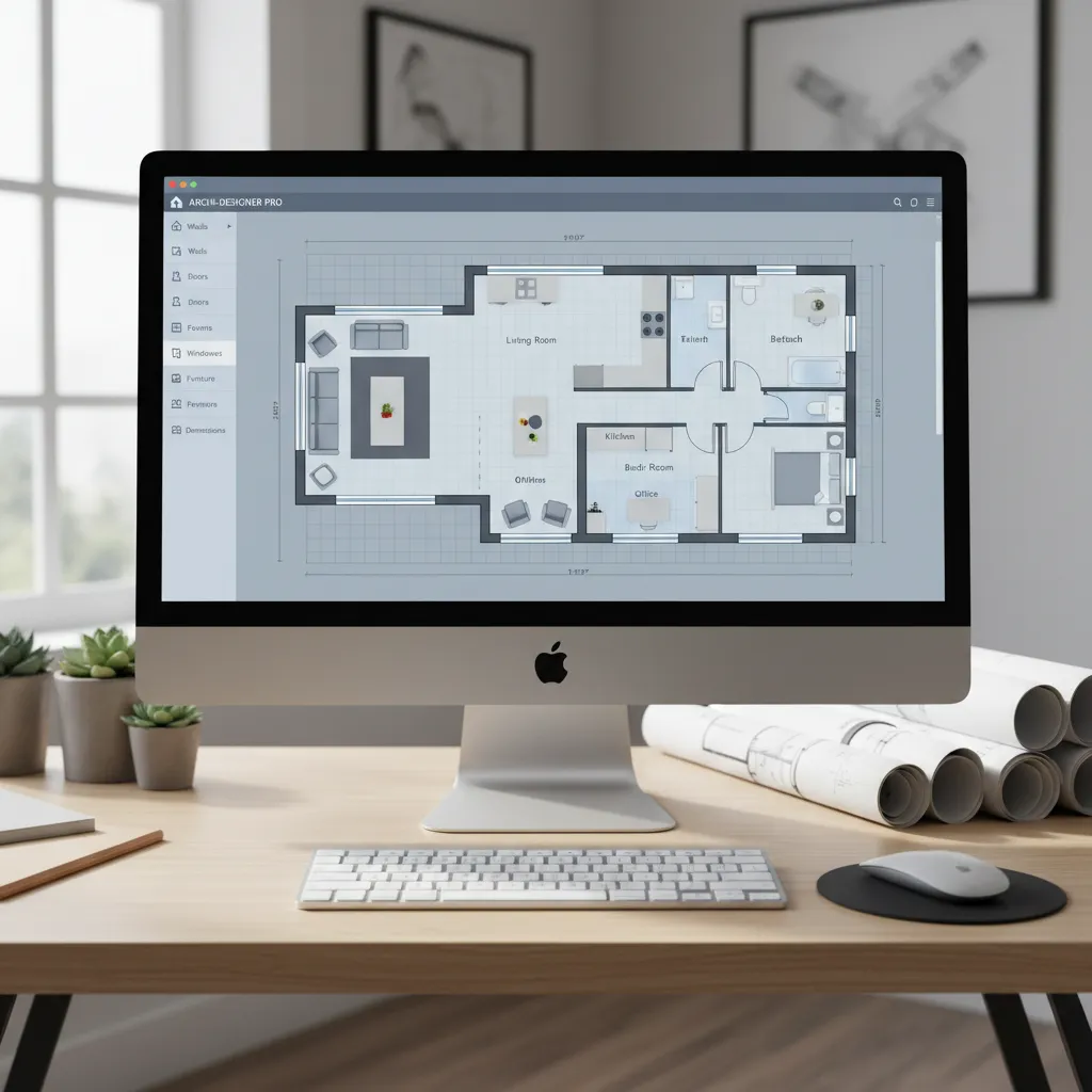 Interfaz de software de diseño de interiores con plano de casa en 2D