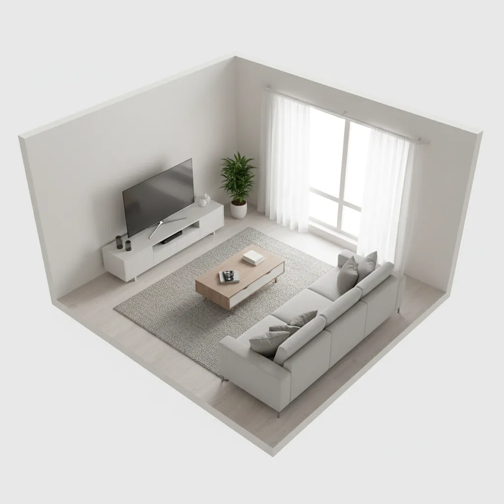 3D room layout planning interface showing furniture arrangement in a modern apartment